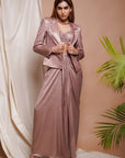 Pink Shimmer Drape Skirt And Coat Set (Set Of 3)