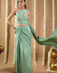 Mint Green Patchwork Corset Draped Saree (Set Of 2)