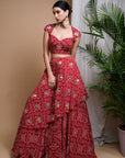 Red Bandhani Digital Print Indo Lehenga Set (Set Of 2)
