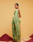 Traditional Banarasee Bandhani Georgette Saree in Green and Peach