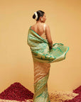 Traditional Banarasee Bandhani Georgette Saree in Green and Peach