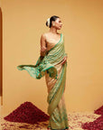 Traditional Banarasee Bandhani Georgette Saree in Green and Peach