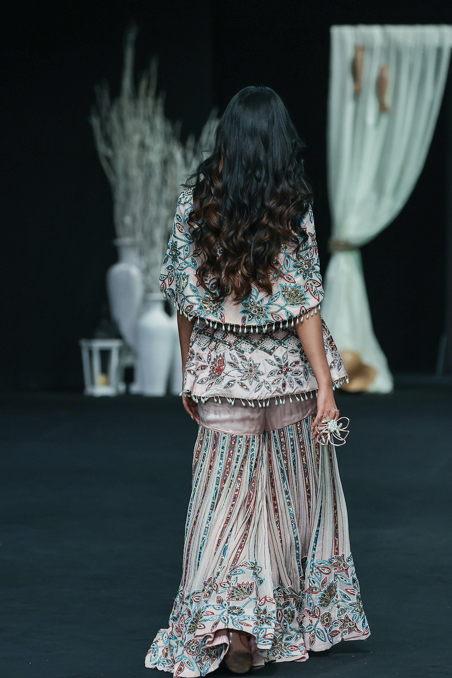 Peachy Pink Fully Handcrafted Capelet Peplum Jacket With Embellished Sharara