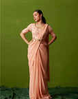 Blush Peach Printed Tussar Silk and Pre drape saree
