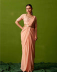 Blush Peach Printed Tussar Silk and Pre drape saree