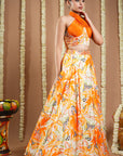 Forest Orange Printed Corset Drape Indo Lehenga Set (Set Of 2)