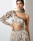 Cream Floral One Shoulder Lehenga Set (Set Of 2)