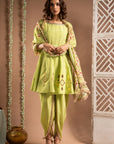 Green Short Anarkali-Tulip Salwar Set (Set Of 3)