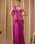 Grape Wine Long Corset Pre - Draped Saree (Set Of 2)
