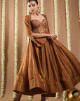 Antique Golden Silk Anarkali Set (Set Of 3)