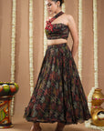 Black Printed Drape Top And Skirt Set (Set Of 2