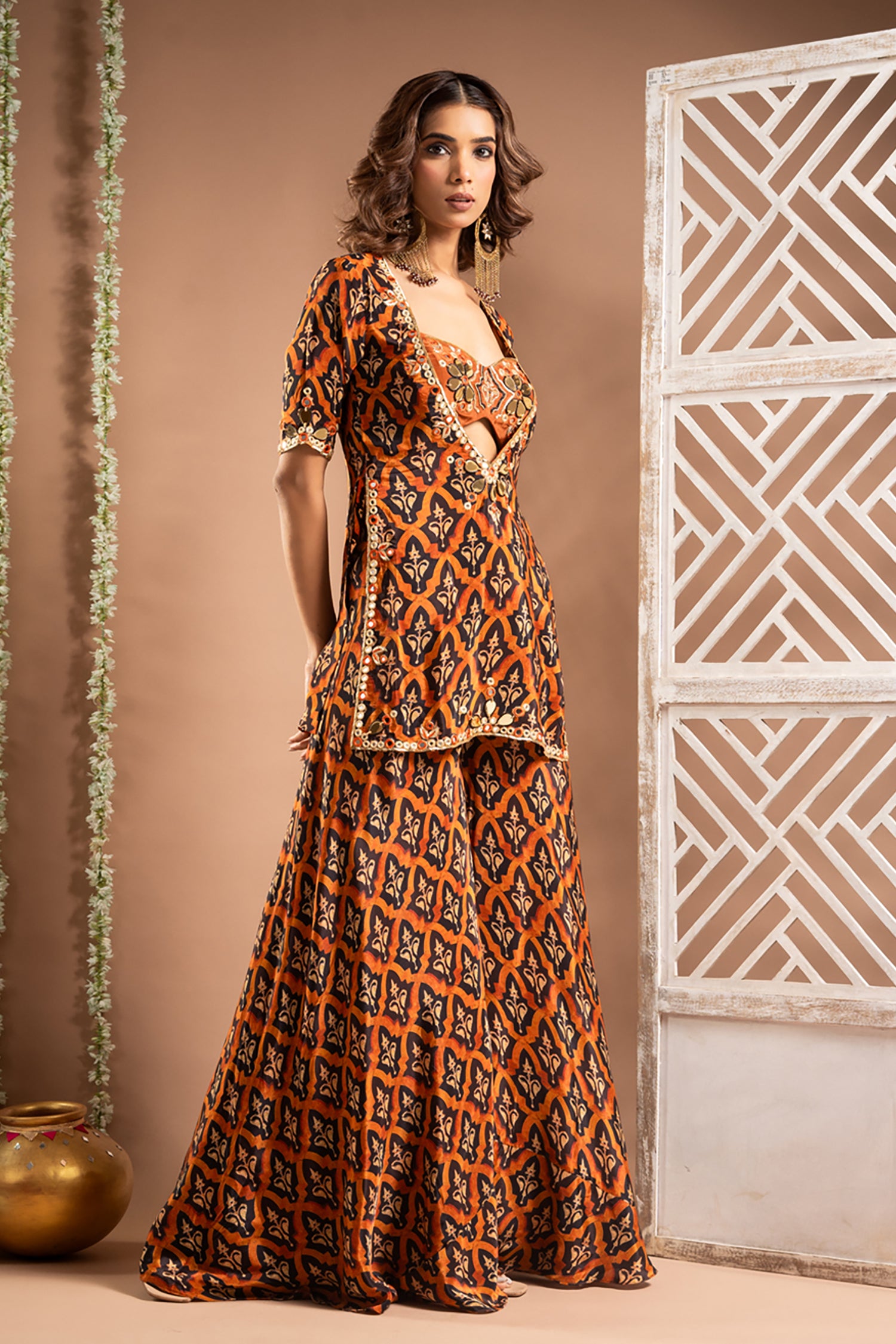 Black Rust Printed Indo-Kurta Set (Set Of 3)