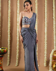 Grey Ruched Pre Draped Saree (Set Of 2)