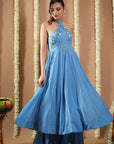 Blue Georgette Halter Neck Anarkali Set (Set Of 3)