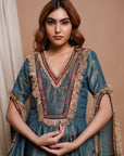 Blue Red Tissue Silk Anarkali Suit Set (Set Of 3)