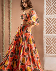 Abstract Print Cape Lehenga Set (Set Of 3)