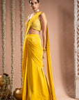 Canary Yellow Pre-Drape Saree Set (Set Of 2)