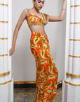 Orange Multicolor Abstract Drape Skirt Set (Set Of 2)