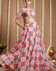Red Tile Printed Heavy Lehenga Set (Set Of 3)