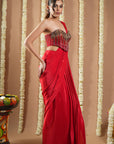 Hot Red Corset Draped Saree (Set Of 2)