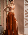 Rust Orange Velvet Indo Lehenga Set