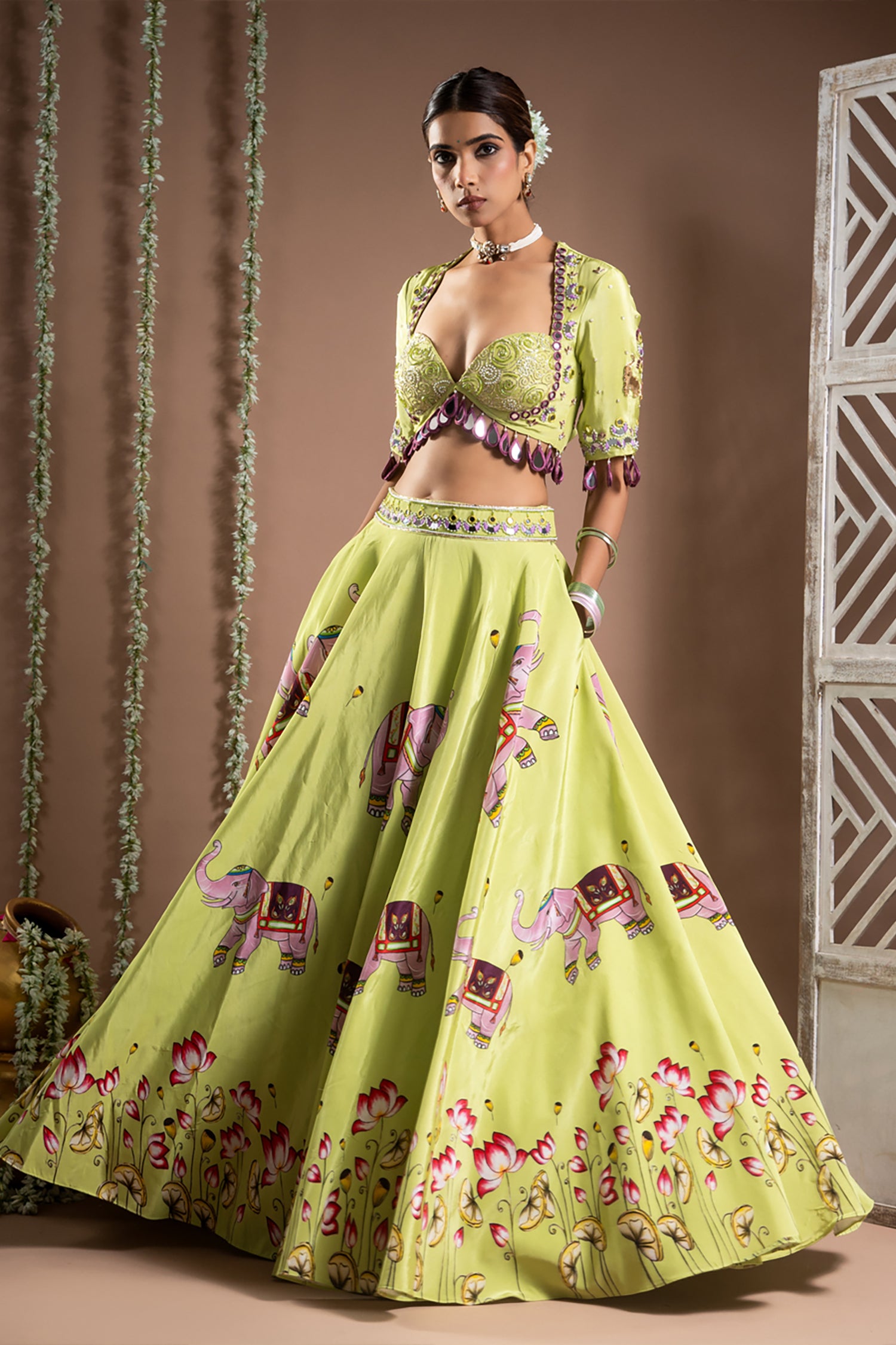 Elephant Print Green And Purple Heavy Lehenga Set (Set Of 3)