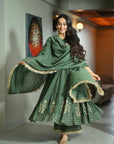 Mehendi Green Chanderi Silk Anarkali Suit Set (Set Of 3)
