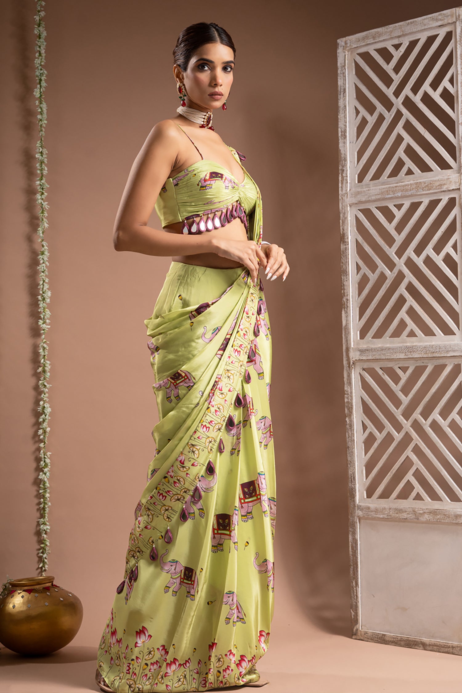 Elephant Print Green Purple Pre-Drape Saree (Set Of 2)