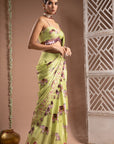 Elephant Print Green Purple Pre-Drape Saree (Set Of 2)