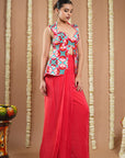 Red Tile Printed Coat And Drape Skirt Set (Set Of 2)