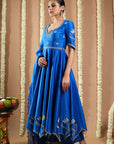 Royal Blue Silk Cutwork Anarkali Set (Set Of 3)