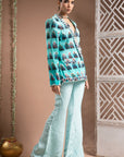 Blue Ombre Printed Coat Pant Set (Set Of 2)