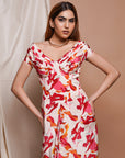Cream Abstract Off Shoulder Corset Drape Dress