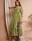 Green Purple Tissue Silk Angrakha Anarkali Set (Set Of 3)
