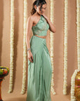 Mint Green Patchwork Corset Draped Saree (Set Of 2)