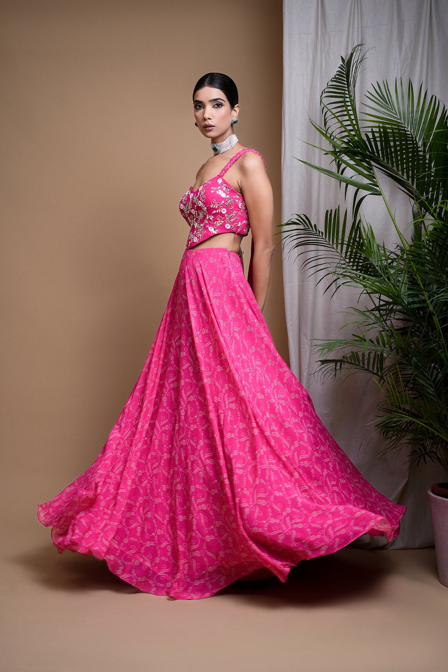 Hot Pink Digital Print Indo Lehenga Set (Set Of 2)