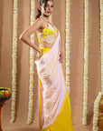 Yellow / Pink Flower Applique Pre Draped Saree (Set Of 2)
