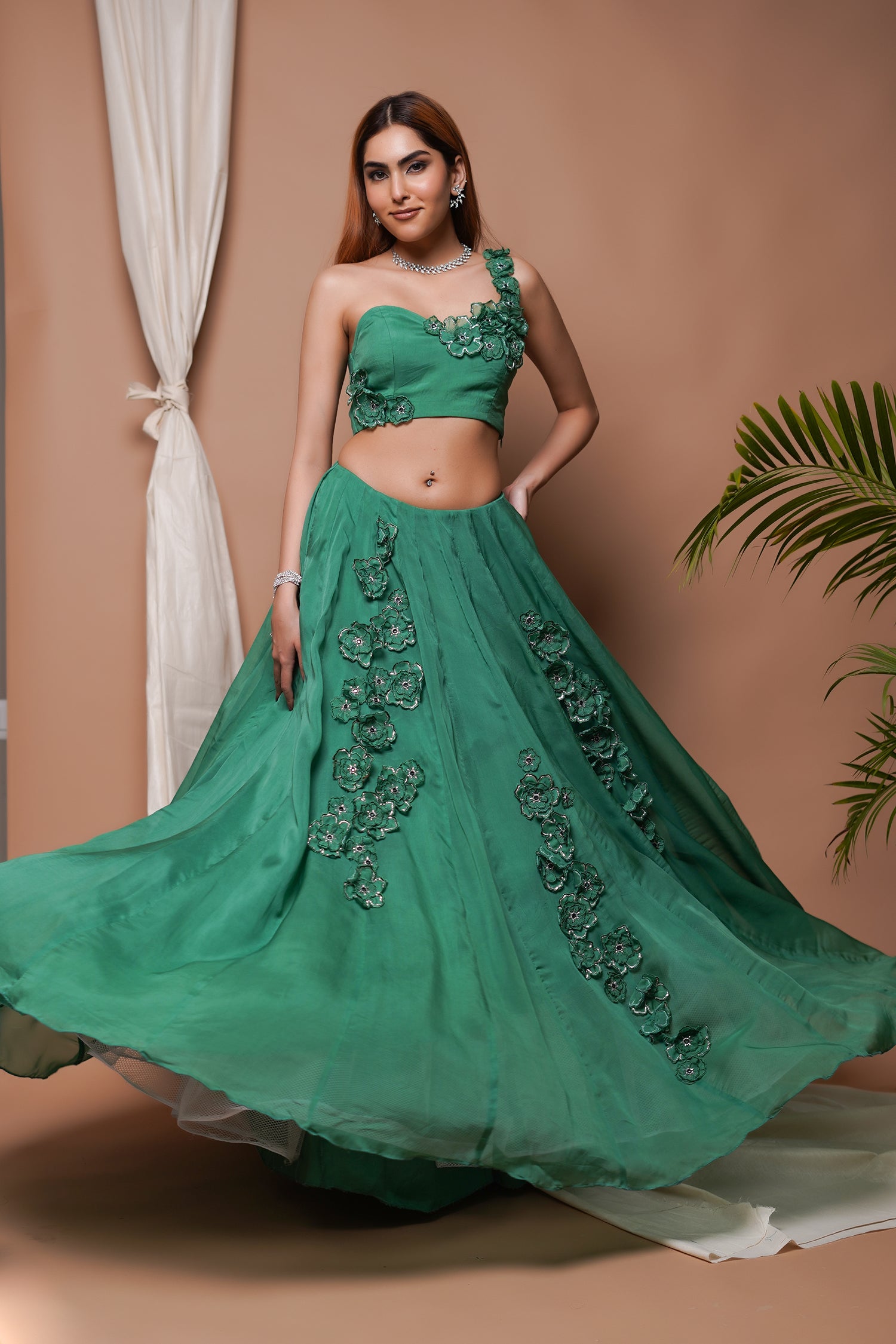 Bright Green 3-D Organza Indo Lehenga Set (Set Of 2)