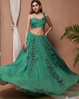 Bright Green 3-D Organza Indo Lehenga Set (Set Of 2)