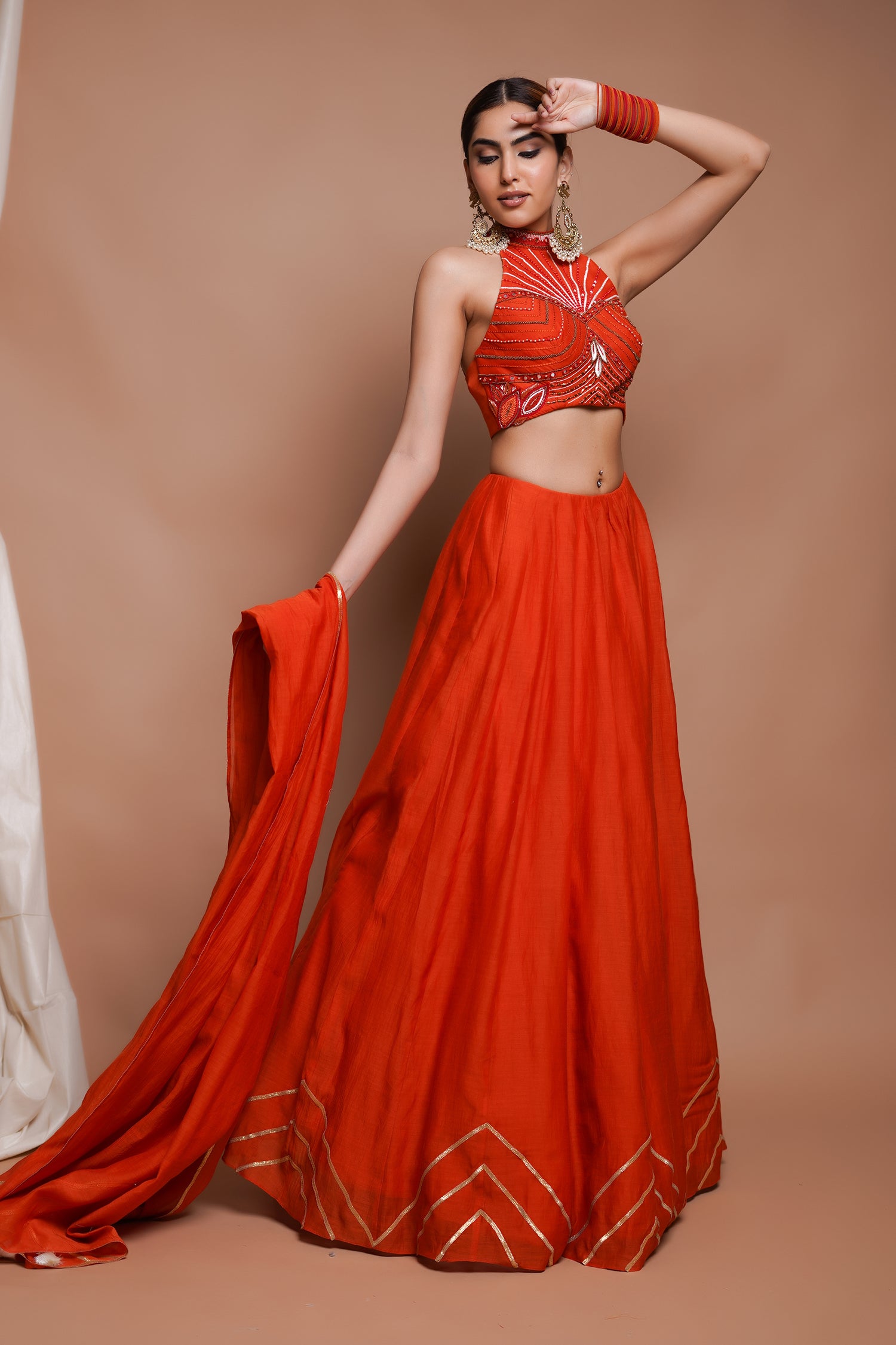 Orange Chanderi Lehenga Set (Set Of 3)