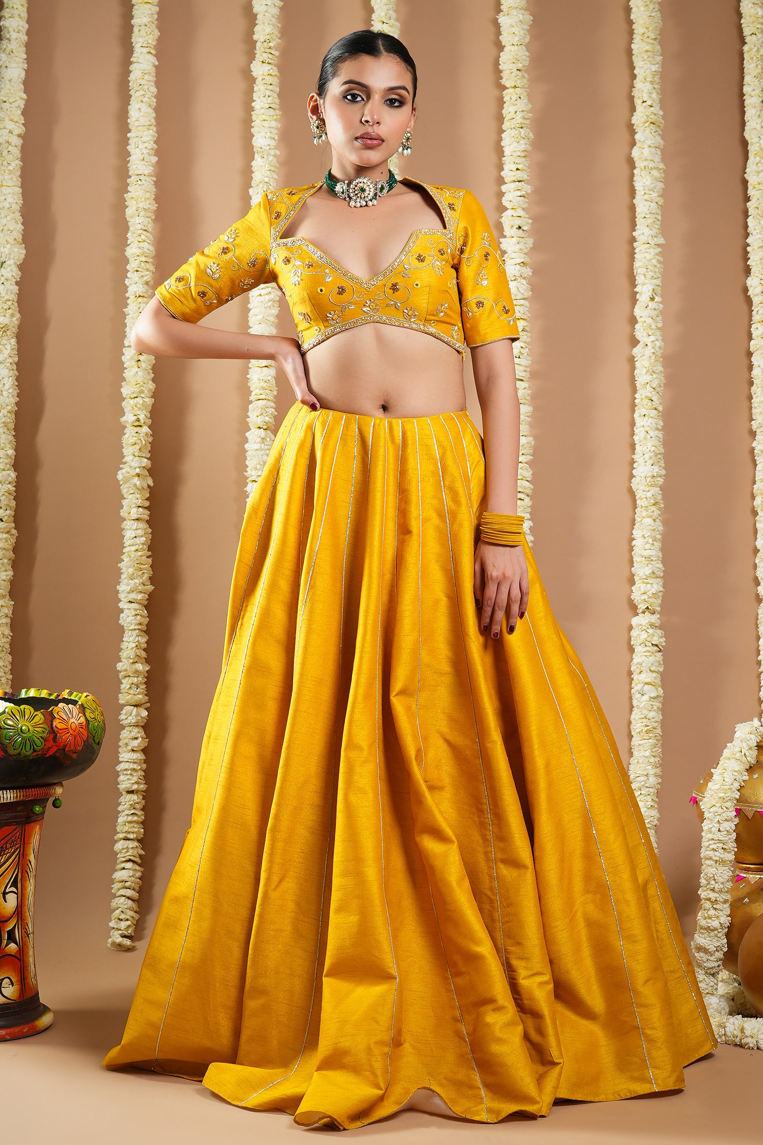 Mustard Yellow Heavy Slub Silk Lehenga Set (Set Of 3)
