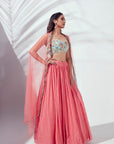 Elegant One Shoulder Lehenga with Mirror Work and Feather Details
