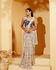 Off White Ruffle Pre-Drape Saree with Embroidered Blouse