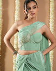 Mint Green Patchwork Corset Draped Saree (Set Of 2)