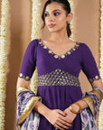 Dark Purple Georgette Anarkali Set (Set Of 3)