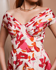 Cream Abstract Off Shoulder Corset Drape Dress