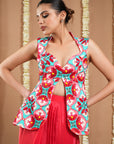 Red Tile Printed Coat And Drape Skirt Set (Set Of 2)