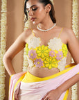 Yellow / Pink Flower Applique Pre Draped Saree (Set Of 2)