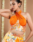 Forest Orange Printed Corset Drape Indo Lehenga Set (Set Of 2)