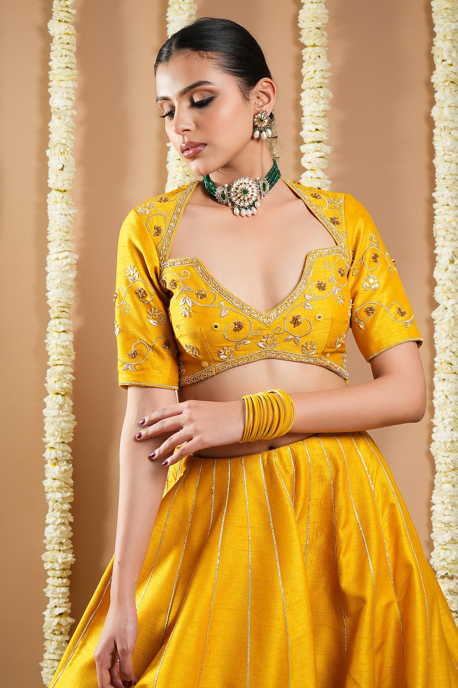 Mustard Yellow Heavy Slub Silk Lehenga Set (Set Of 3)